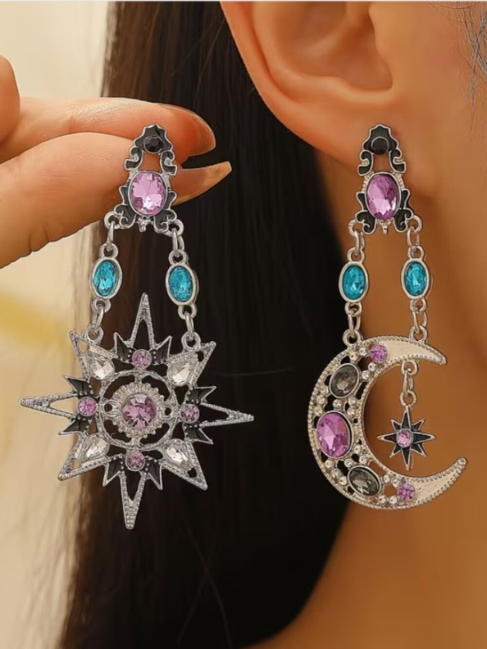 DESIGNER Celestial Gold Starburst & Moon Multicolor Crystal Mismatch Earrings - Picture 4 of 4
